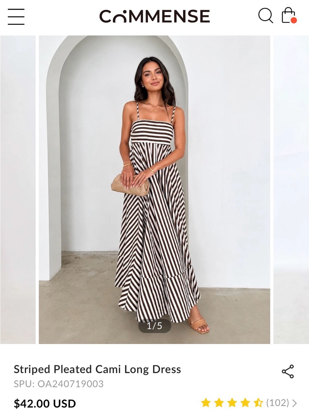 Commense Striped Pleated Cami Long Dress - Brown & White